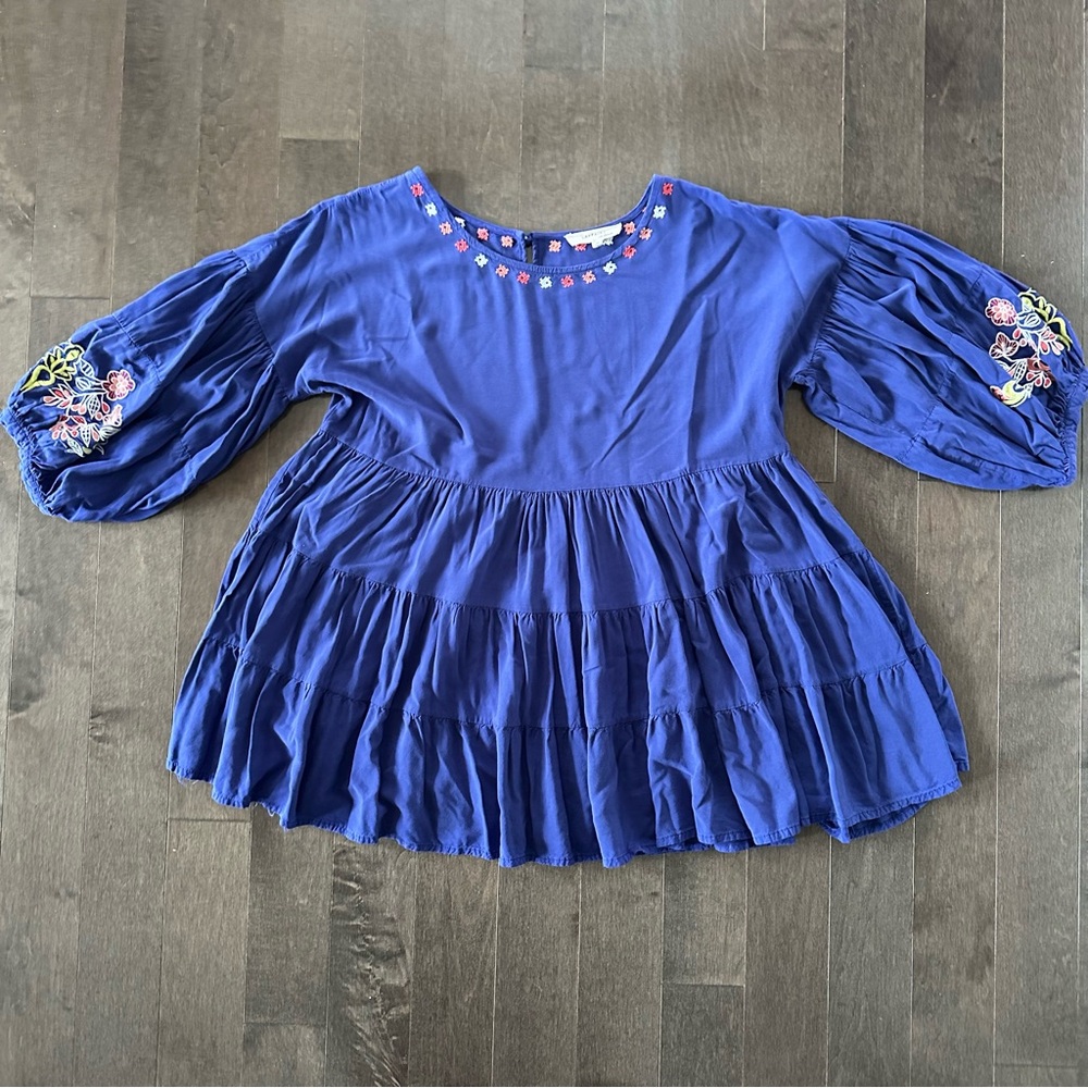 LAFFAIRE Boho Babydoll Top Tiered Peasant Floral Embroidered Size M‎